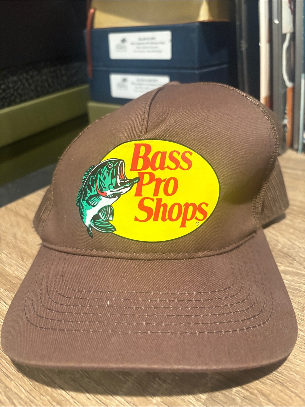 Bass Pro Shops Brown Trucker Hat with Yellow Logo and Green Fish